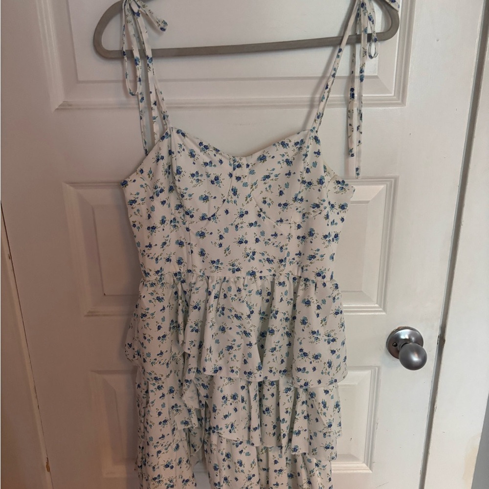 SHEIN White and Blue Floral Midi Dress